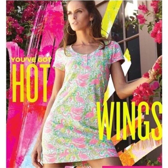 Lilly Pulitzer Britton Button Henley Hot Wings Flamingo‎ Mini Dress Pima Medium - Picture 1 of 14